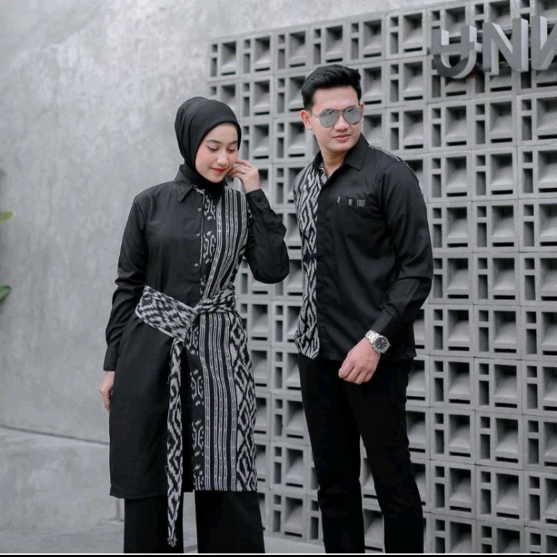 Motive Set Couple Pria Wanita Batik - Kemeja Tenun Blanket Kombinasi Polos - Tunik Tenun Blanket Etn