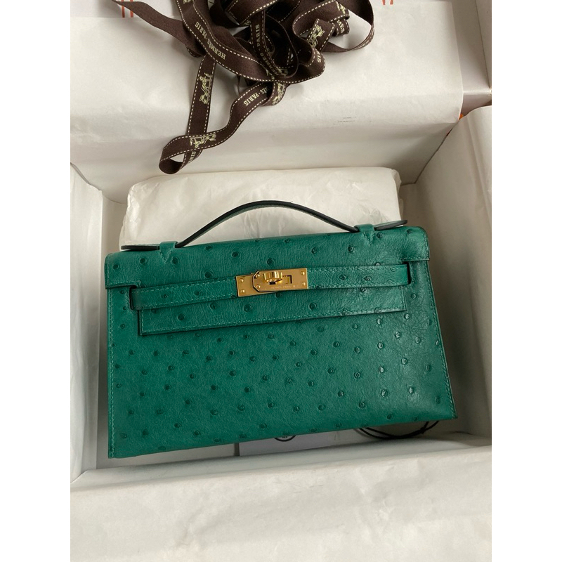 HM Ostrich Kelly Pochette Green GHW