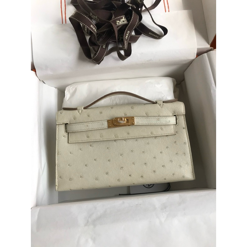 HM Ostrich Kelly Pochette White GHW
