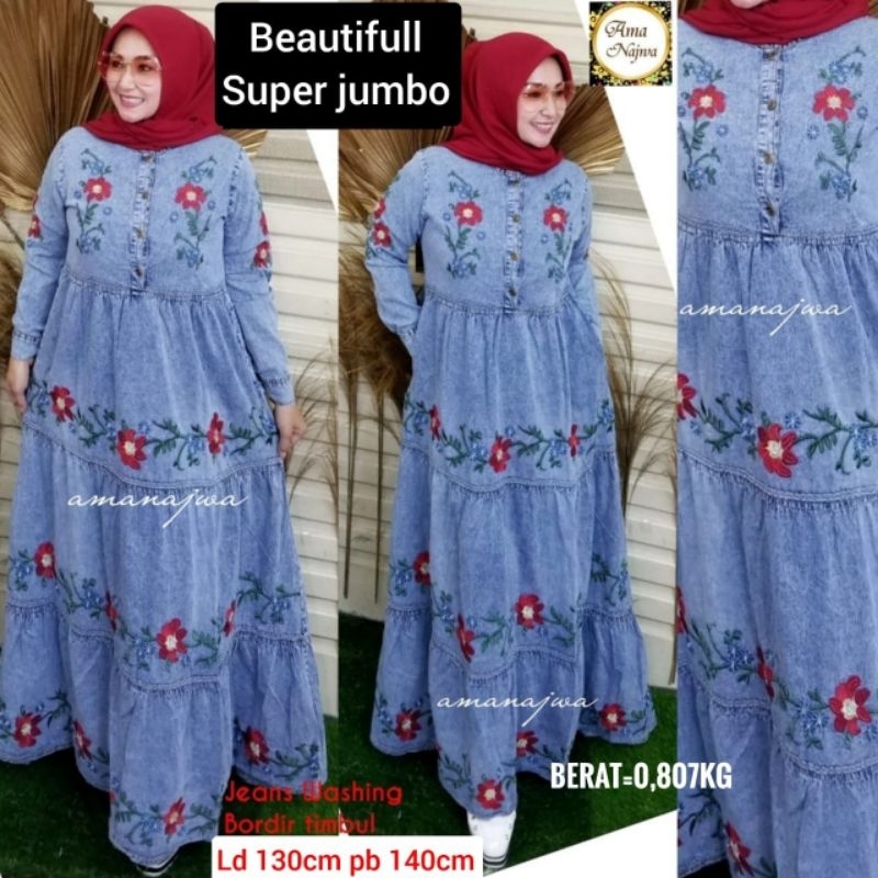 LD 130 Baju Gamis Jeans Washed Bordir Original BEAUTIFUL SUPER JUMBO MAXY
