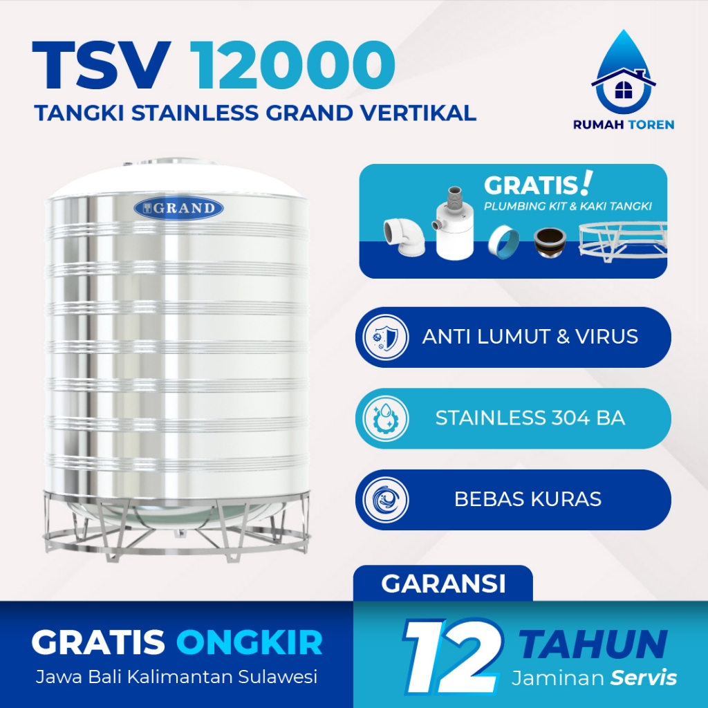 Tangki Tandon Toren Air Stainless Steel Grand TSV 12000 Garansi 12 Tahun Free Ongkir
