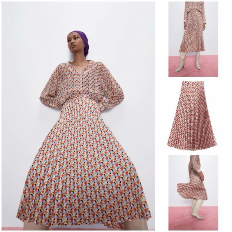 PRELOVED NWT ZARA Printed Pleated Skirt/ Zara Geometric Print Pleated Long Skirt/ Zara printed pleat