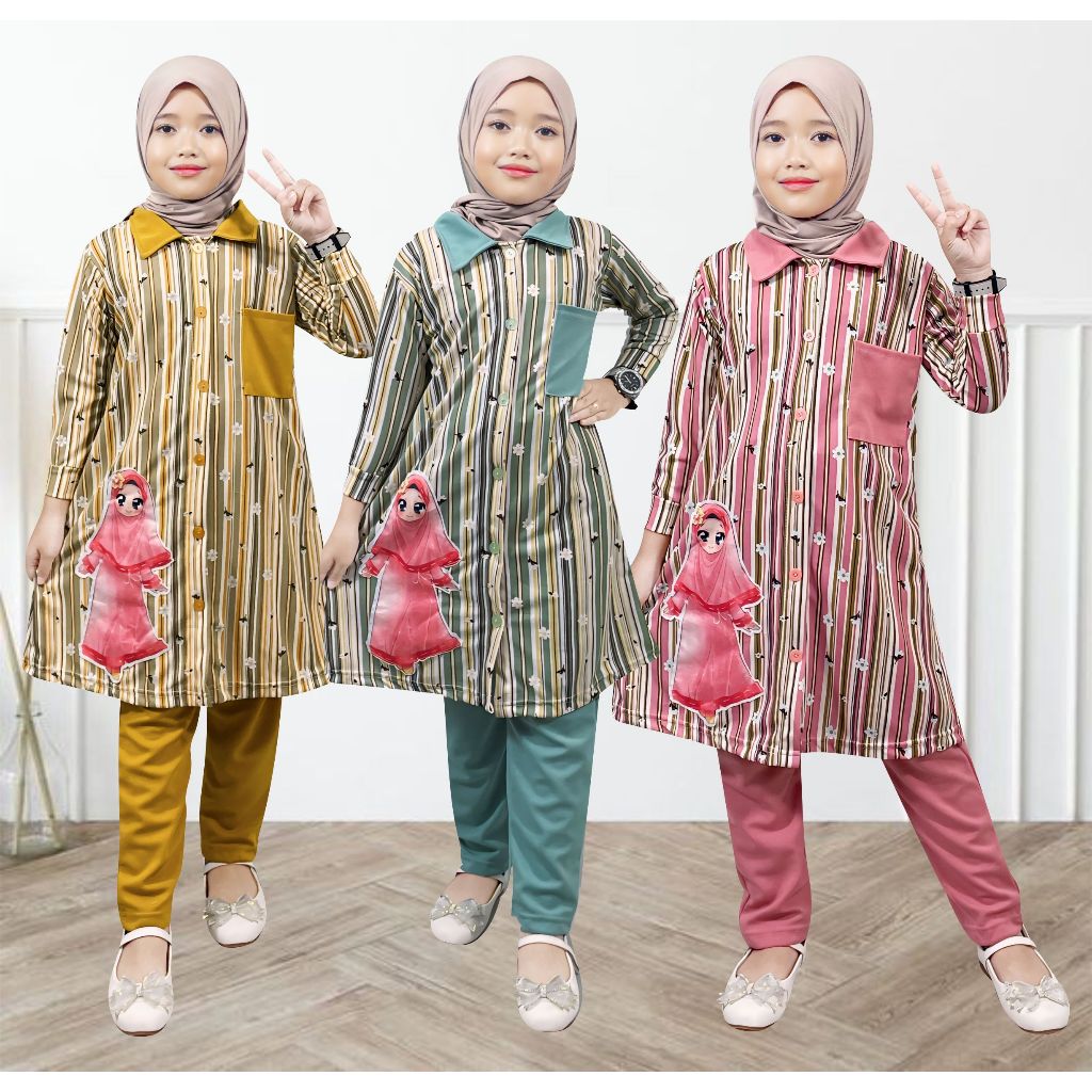 Setelan Tunik Anak Perempuan Bahan Voxy - Baju Muslim Anak Usia 1-8 Tahun