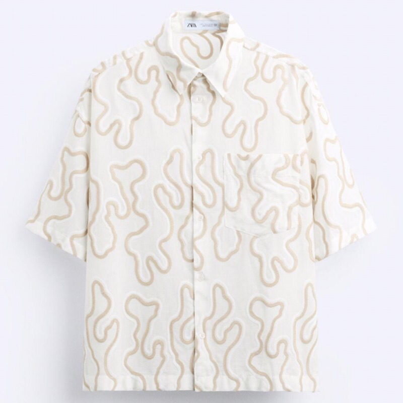ZARA Men Embroidered Shirt Kemeja Pria Lengan Pendek White