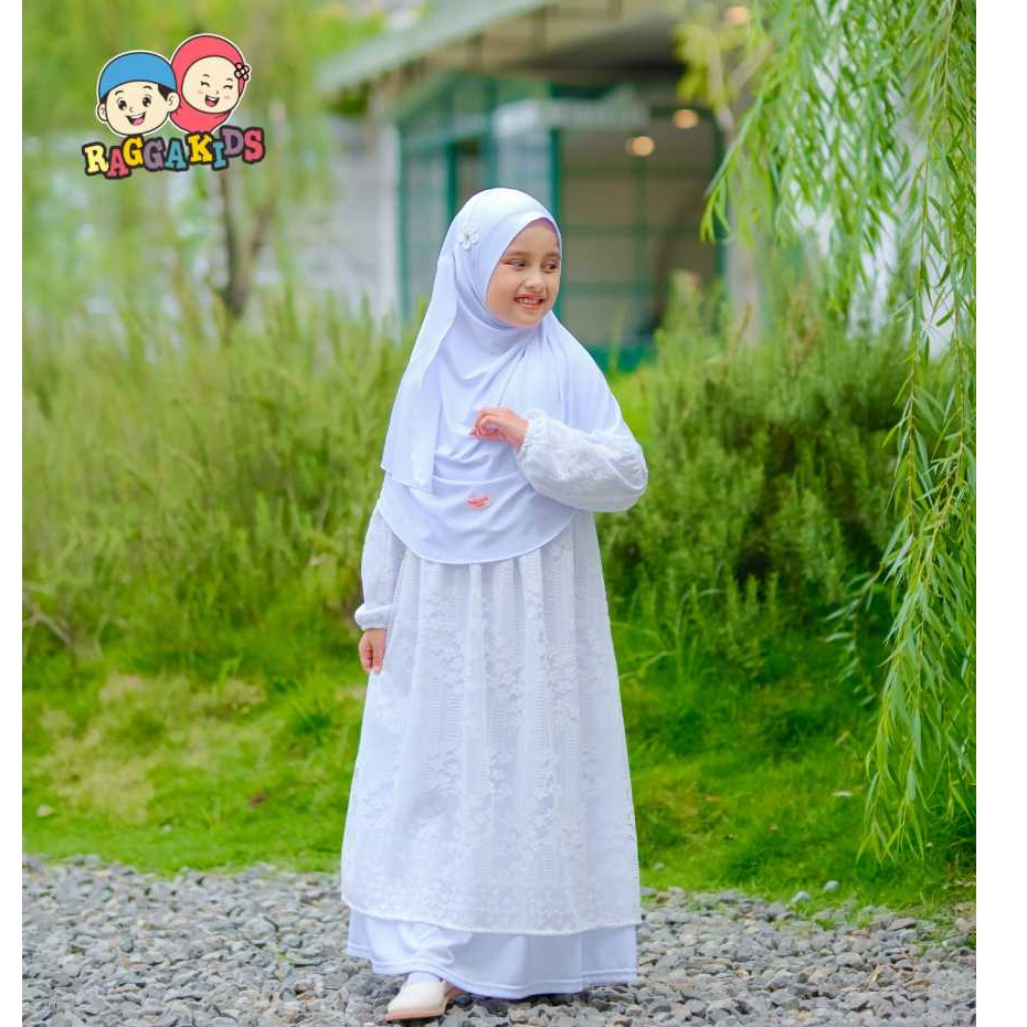 RAGGAKIDS - Gamis putih brokat RG 52 Versi 3 | Gamis anak putih brokat | Dress Maxi putih manasik