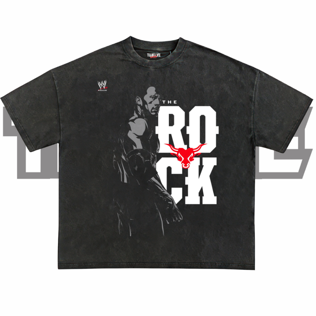 THE ROCK WWE Oversize T-Shirt | Wash Hitam | Kaos SmackDown Aesthetic | Atasan Pria Wanita | Baju Co