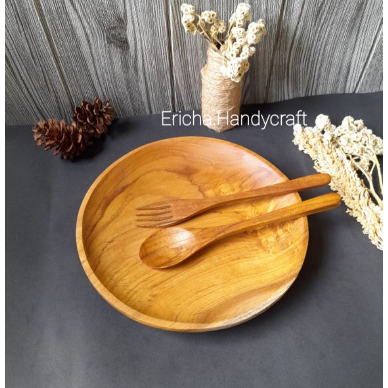 piring kayu jati/piring makan kayu jati 20cm set sendok garpu kayu