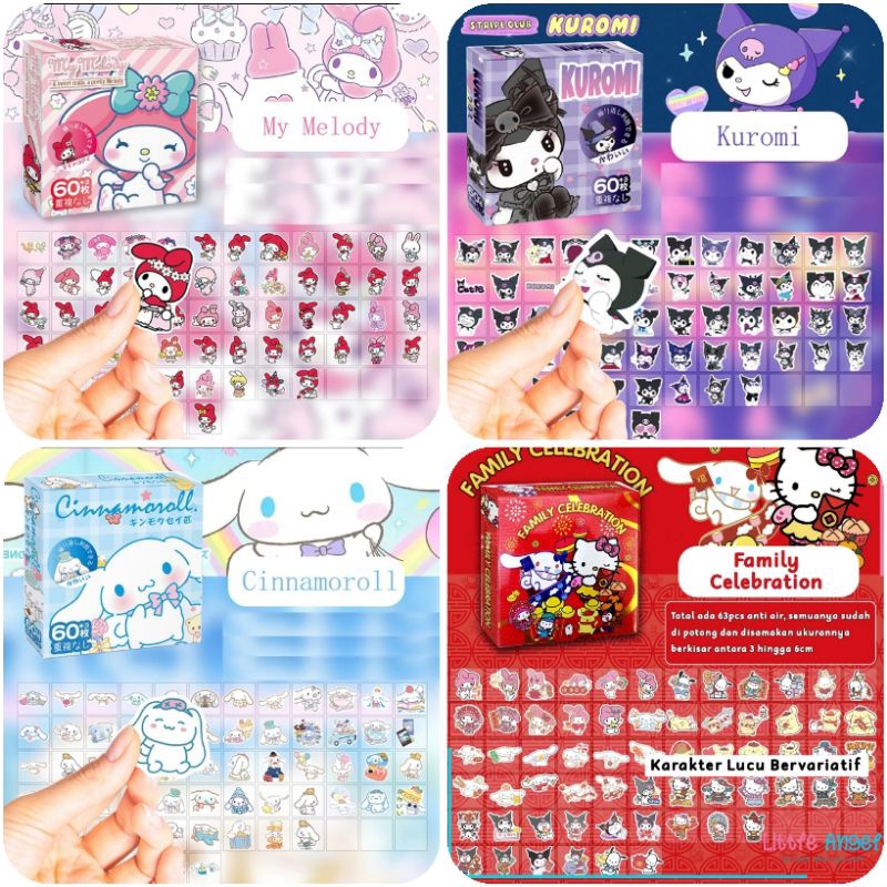 

STIKER 60pcs SANRIO KUROMI MY MELODY CINNAMOROLL STICKER LUCU PVC KURUMI CINNAMONROLL MOMO CUTE IMUT LUCU