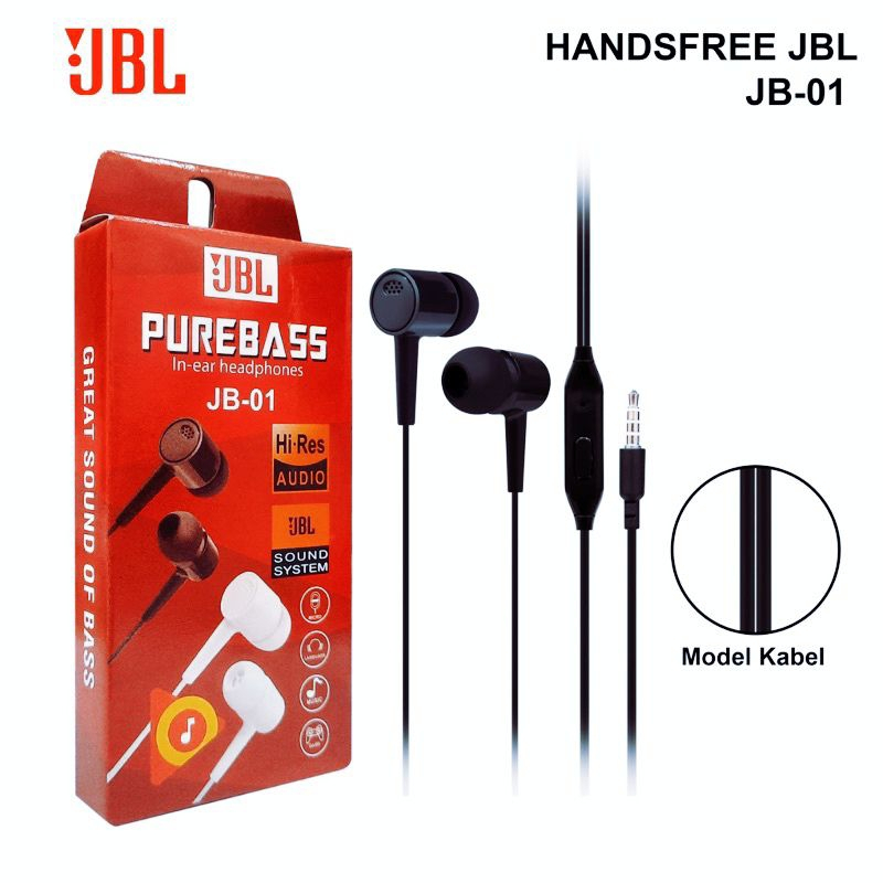 Headshet JBL Purebass JB-01 Hitam Putih Hf music Audio JB01 Earphone