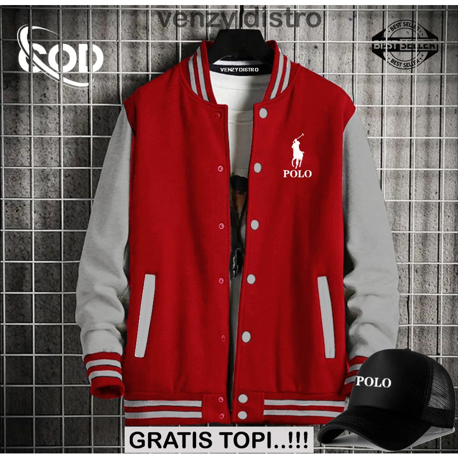 GRATIS TOPI.. Cod Sweater Jaket Baseball Varsity Kancing Polo Text Putih Quality Premium / Baseball 
