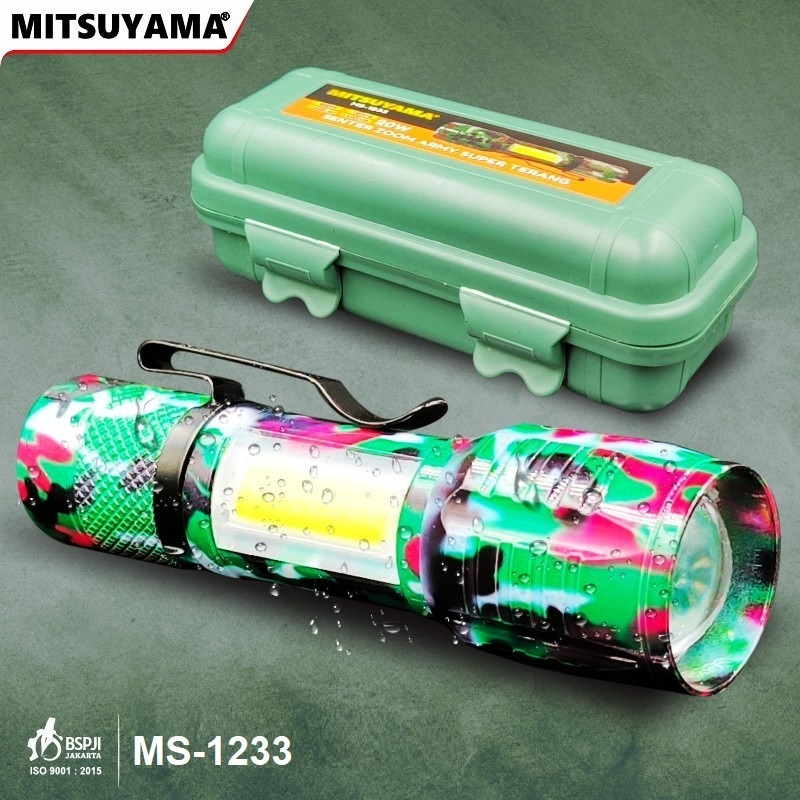 SENTER LED MINI ZOOM MITSUYAMA MS-1233 ARMY - JARAK JAUH - WITH COB - BAHAN ALUMINIUM - BISA DI CAS