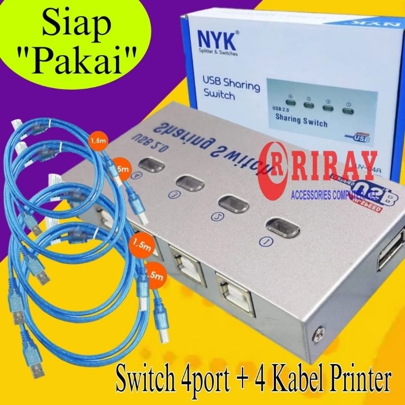 AUTOSWITCH USB2.0 PRINTER 4Port + KABEL 1.5M auto switch Sharing 1-2 printer otomatis