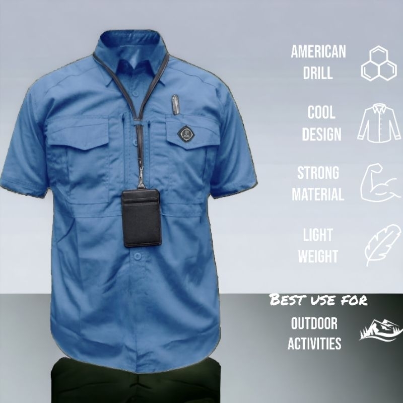 Kemeja Mtac Lengan Pendek Biru Muda | Kemeja Pria dan Wanita Premium Distro Bahan American Drill | K