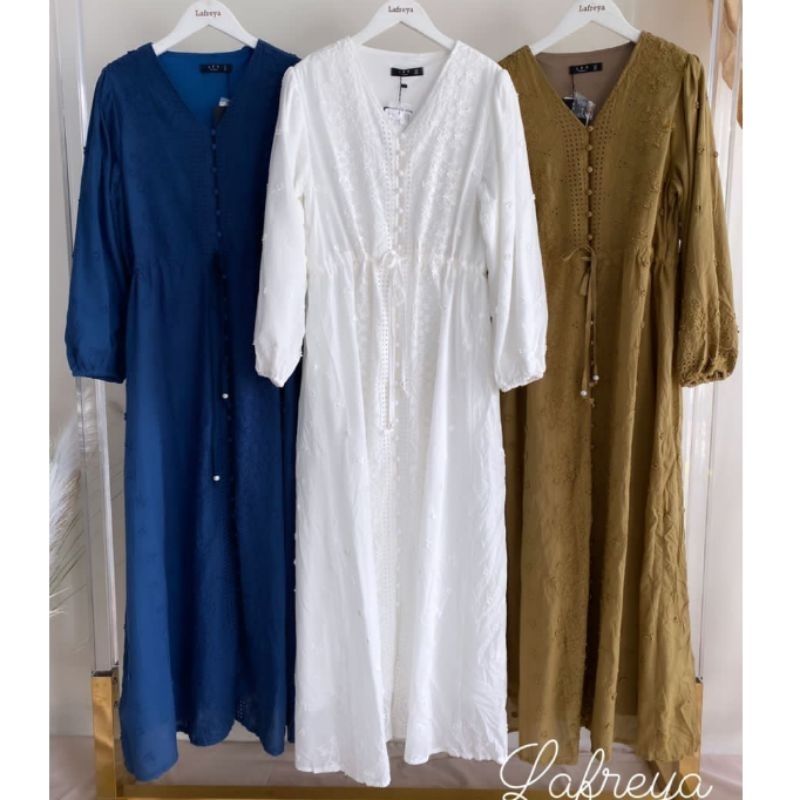 Maxi Dress Gamis Import Lafreya Katun Bolong Katbol Bunga Timbul Linore Busui Friendly (FCODI992)