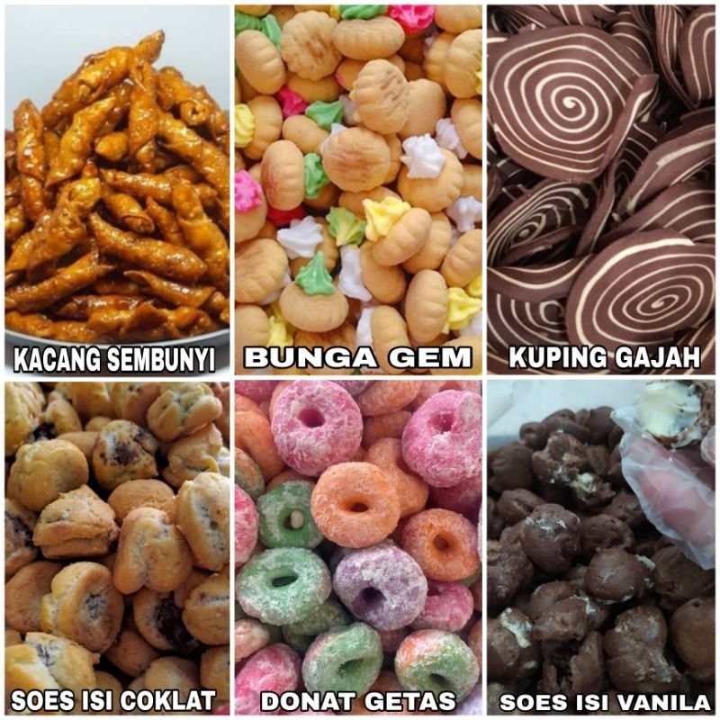 

Cemilan & Snack || Kacang sembunyi || Donat getas || Kuping gajah || Soes kering