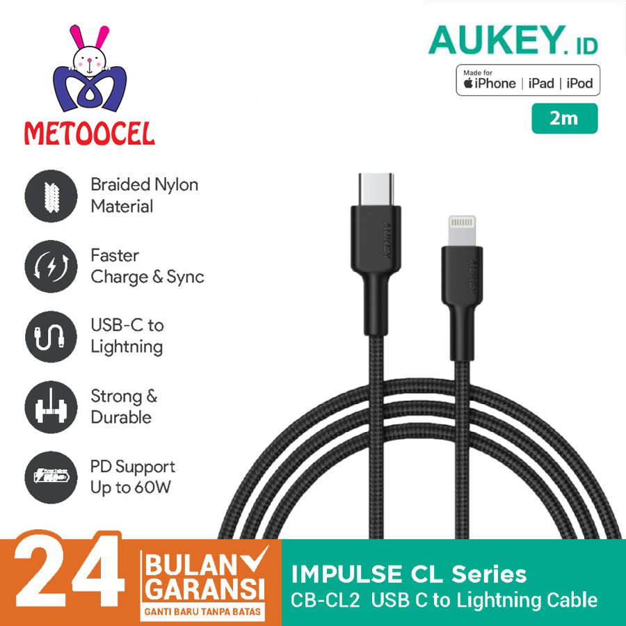 Aukey CB-CL2 Kabel Data Charger Nylon USB Type C to Lightning 2M