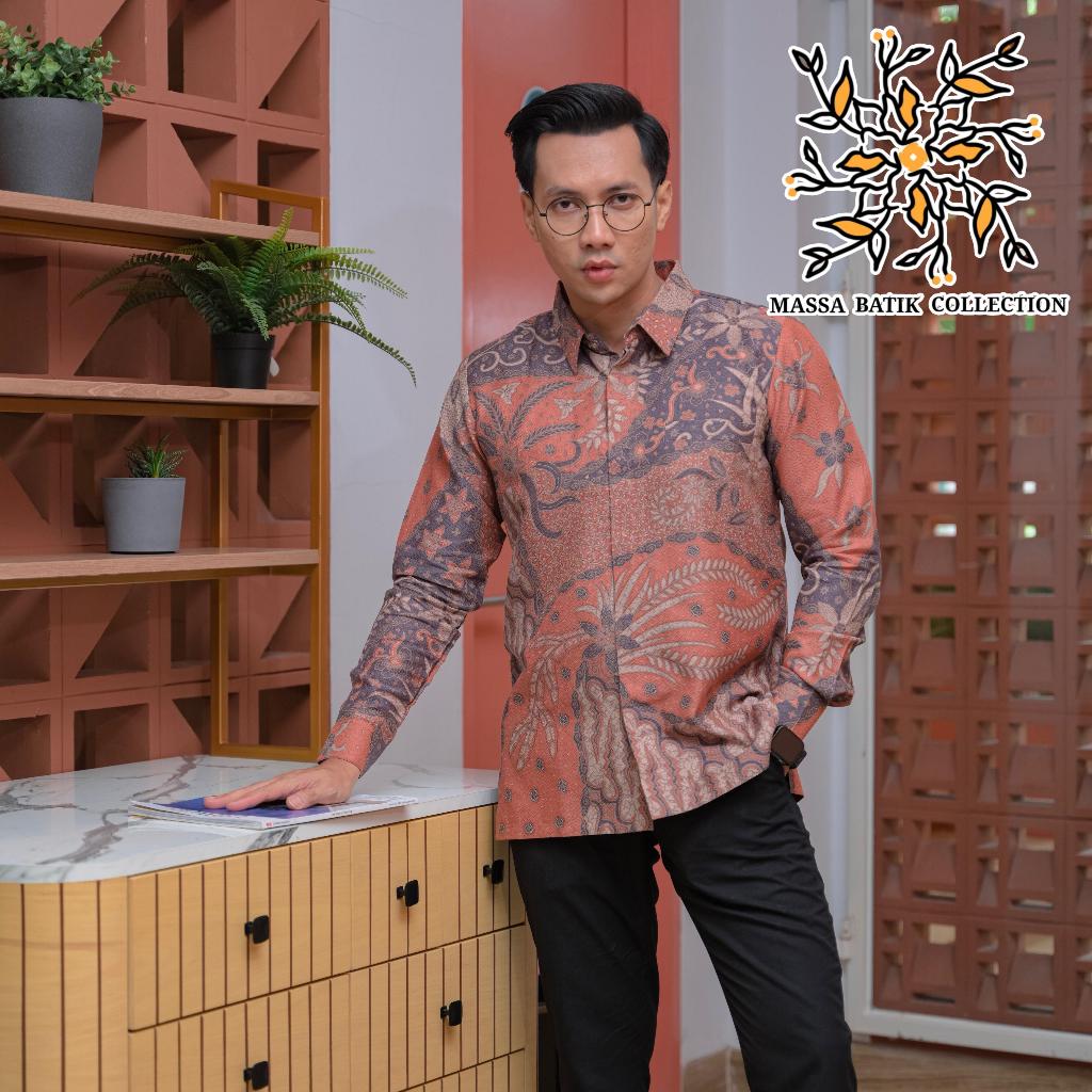 Kemeja Batik Pria Premium Lengan Panjang Bahan Dobby Halus Lembut Lapisan Adem Warna Salem - Massa B