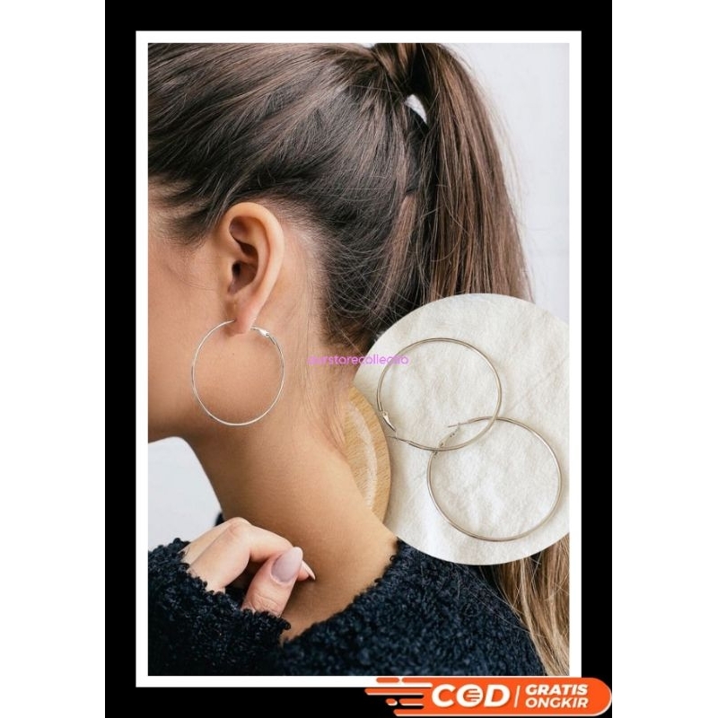 ANTING BULAT SILVER STAINLESS STEEL TEBAL  BESAR N01050 ANTING GAYA KEKINIAN /AKSESORIS KEKINIAN ALA