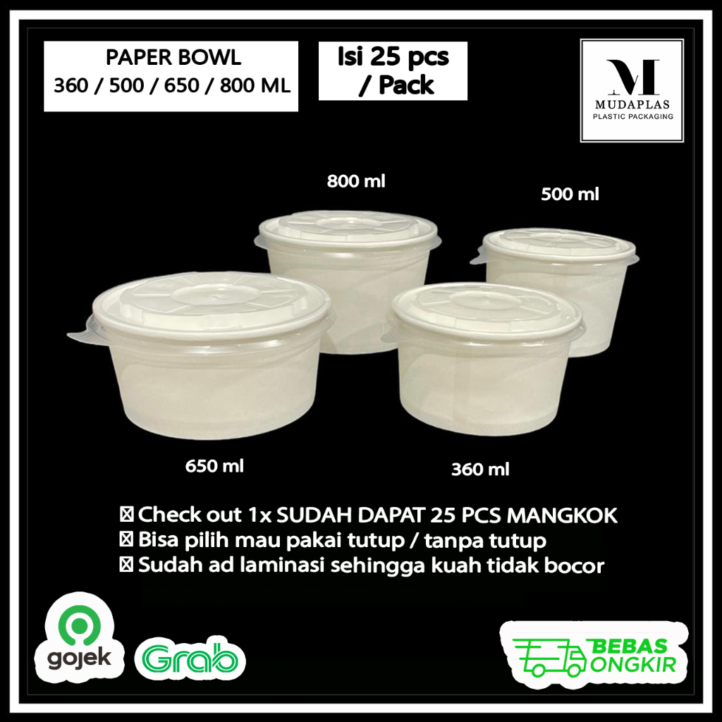 Paper Bowl 360 ml 500 ml 650 ml 800 ml Mangkok Kertas Putih Polos isi 25 Pcs