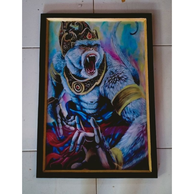 lukisan cetak digital printing Anoman putih plus figura ukuran 65*45
