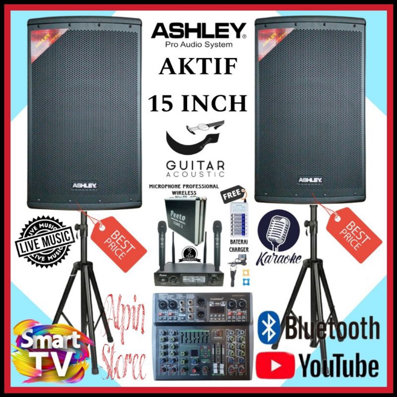 Karaoke Set ASHLEY, Aktif 15 Inch, Mixer Bluetooth Live Akustic, 2 Mic