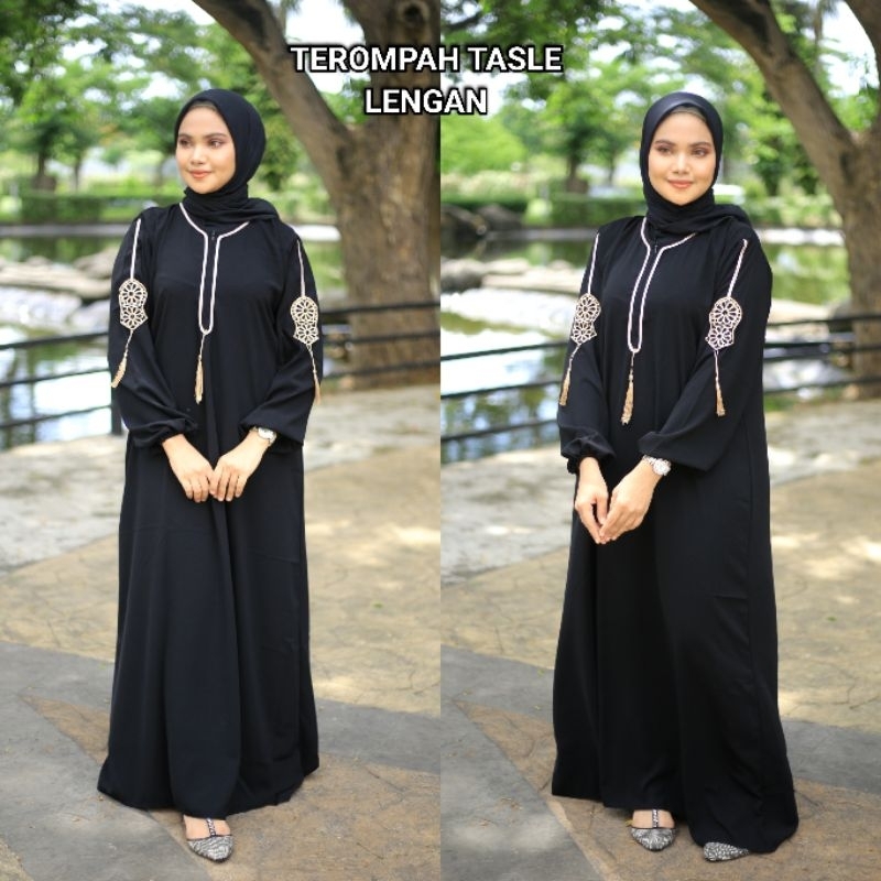 Abaya Hitam Gamis Terompah Tasle Lengan Busui Jetblack