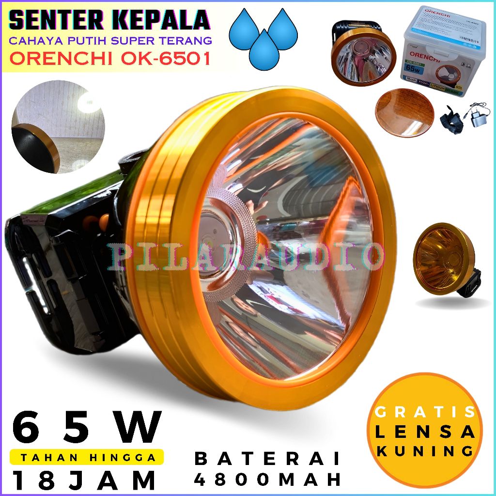 Senter Kepala LED ORENCHI 65 Watt OK-6501 Cahaya Putih Waterproof Tahan Hingga 18 Jam Baterai 4800 m