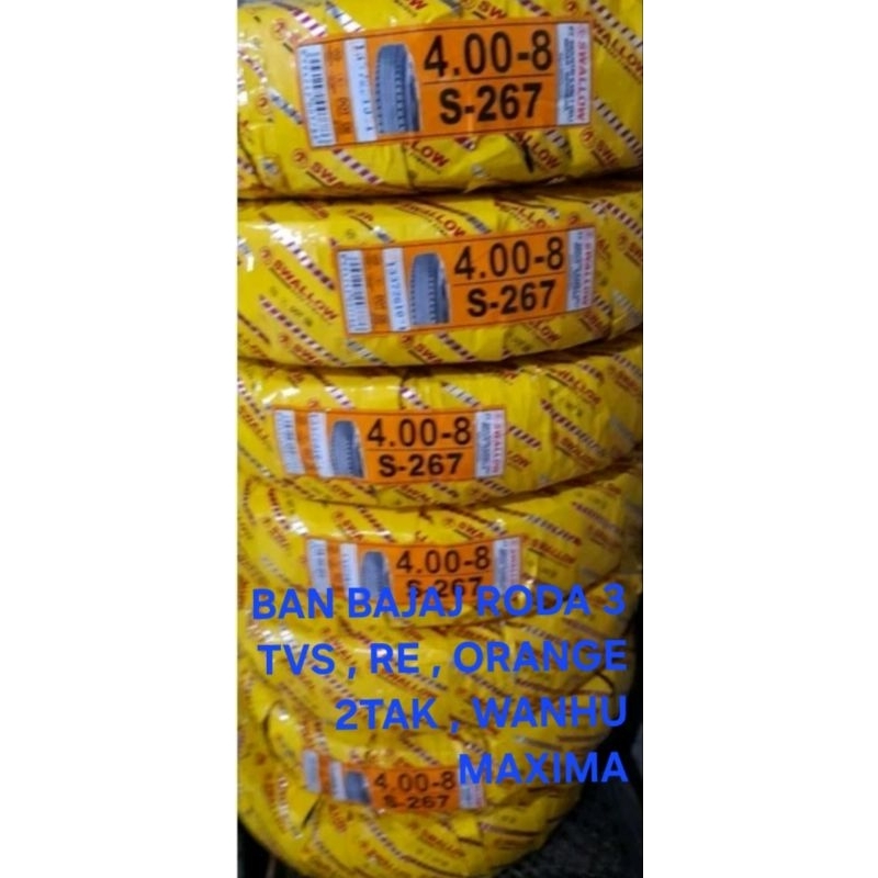 BAN LUAR SWALLOW 400-8 KHUSUS BAJAJ RODA 3 TVS , RE , ORANGE 2TAK , WANHU , MAXIMA - ( PONTI JAYA MO