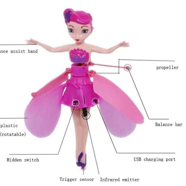 * Mka * Mainan Anak Flying Karakter Barbie Terbang Ngikutin Gerakan Tangan / Boneka Peri Terbang