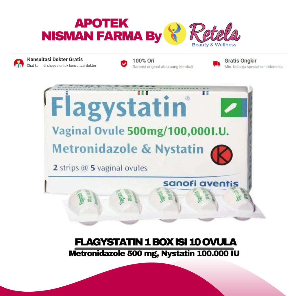 FLAGYSTATIN 1 BOX ISI 10 OVULA ( METRONIDAZOLE 500 MG, NYSTATIN 100.000 IU )