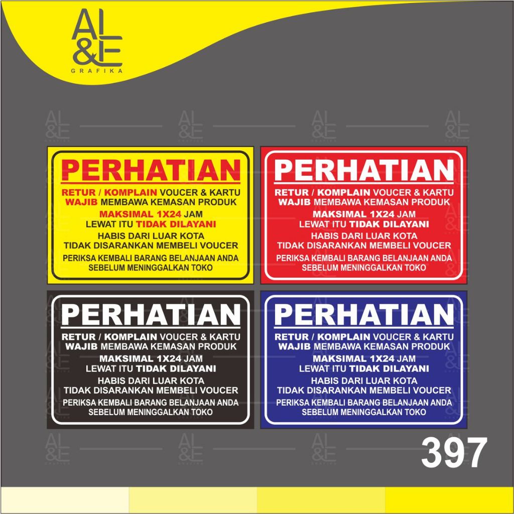 

397 - Stiker Perhatian Retur/Komplain Voucher, Sticker Vinyl, Ritrama, Cetak Premium Indoor, Tahan Air