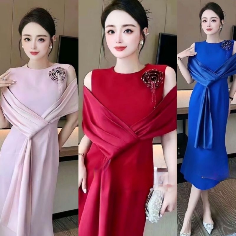 dress polos sabrina slayer slendang basic simple midi tulip red blue pink biru merah offoce style we