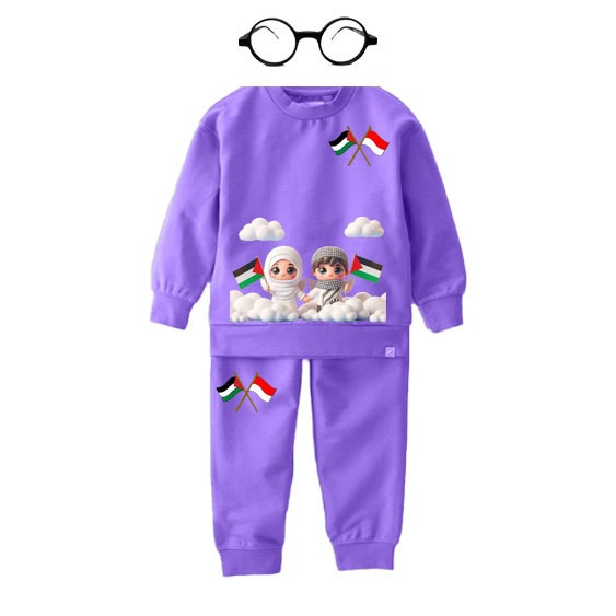 setelan jogger anak perempuan gambar palestina dan indonesia terbaru usia 1-6 tahun set baju anak