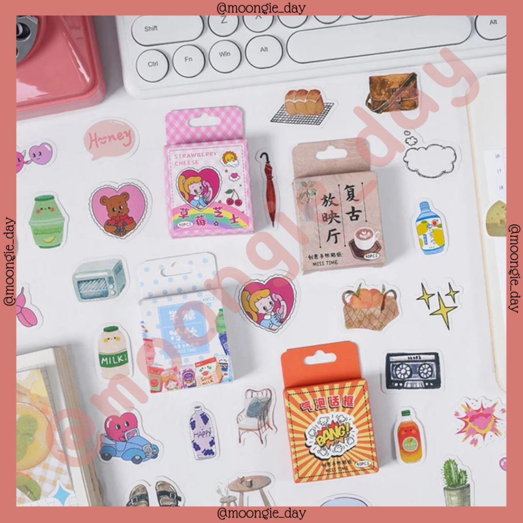

40 PCS/BOX STIKER KERTAS TEMA MISS TIME CUTE Y2K COFEE CARTON DRINKS DESSERT MILK BANG MONO TEDDY BEAR BULLET JOURNAL DIY DIARY LUCU MURAH JURNAL BUKU HARIAN