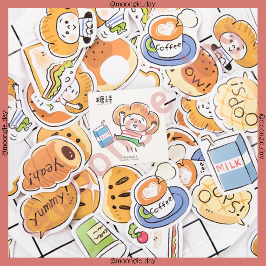 

45 PCS/BOX STIKER KERTAS TEMA BREAD HEAD MAN WITH MILK ROTI SUSU DESSERT BULLET JURNAL DIY DIARY SCRAPBOOK BUKU HARIAN LUCU MURAH