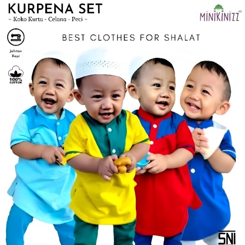 Set Baju koko Kurta Peci Celana Bahan Kaos Katun Adem Dingin Minikinizz Baju Muslim Anak 1 - 5 tahun