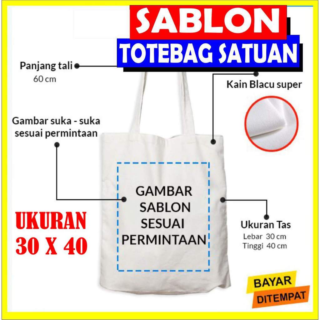 Tas Tote Bag Tas Totebag Pria Wanita Custom Sablon Logo Satuan ukuran 30x40