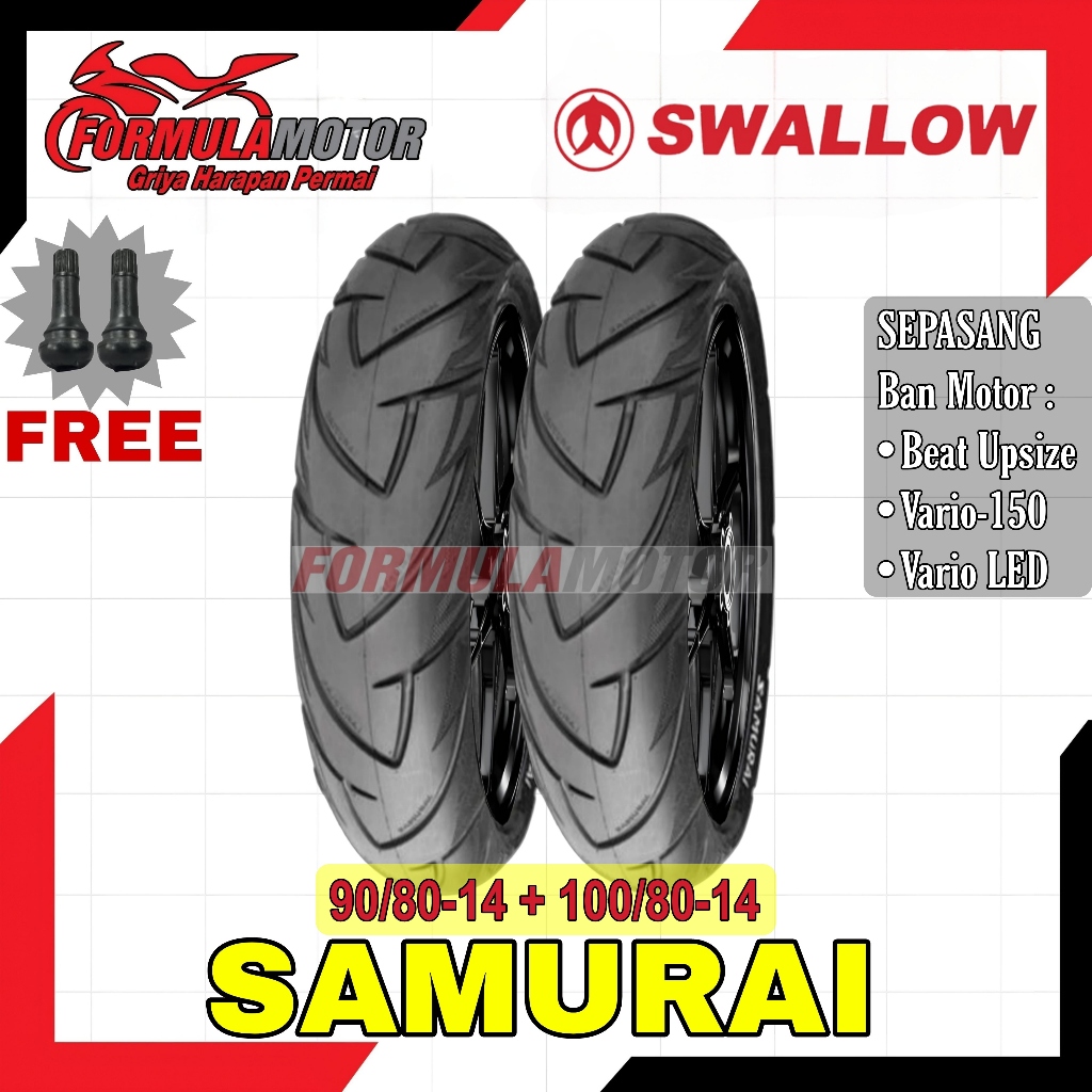 90/80-14 + 100/80-14 Swallow Samurai Ring 14 Tubeless - Sepasang Ban Motor Vario-150/LED, Beat Upsize Tubles SB128 SB-128