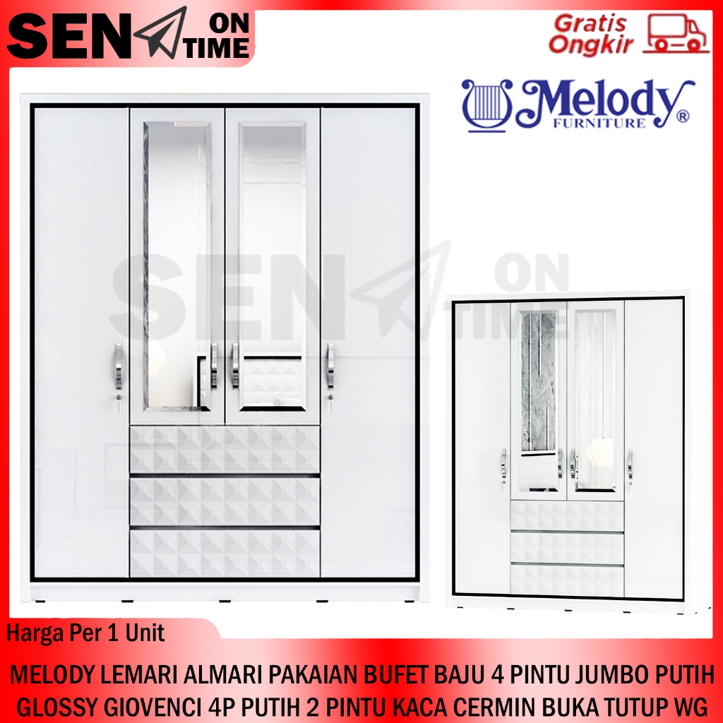 [KARGO] FURNITURE MELODY LEMARI ALMARI PAKAIAN BUFET BAJU 4 PINTU JUMBO PUTIH GLOSSY GIOVENCI 4P PUT