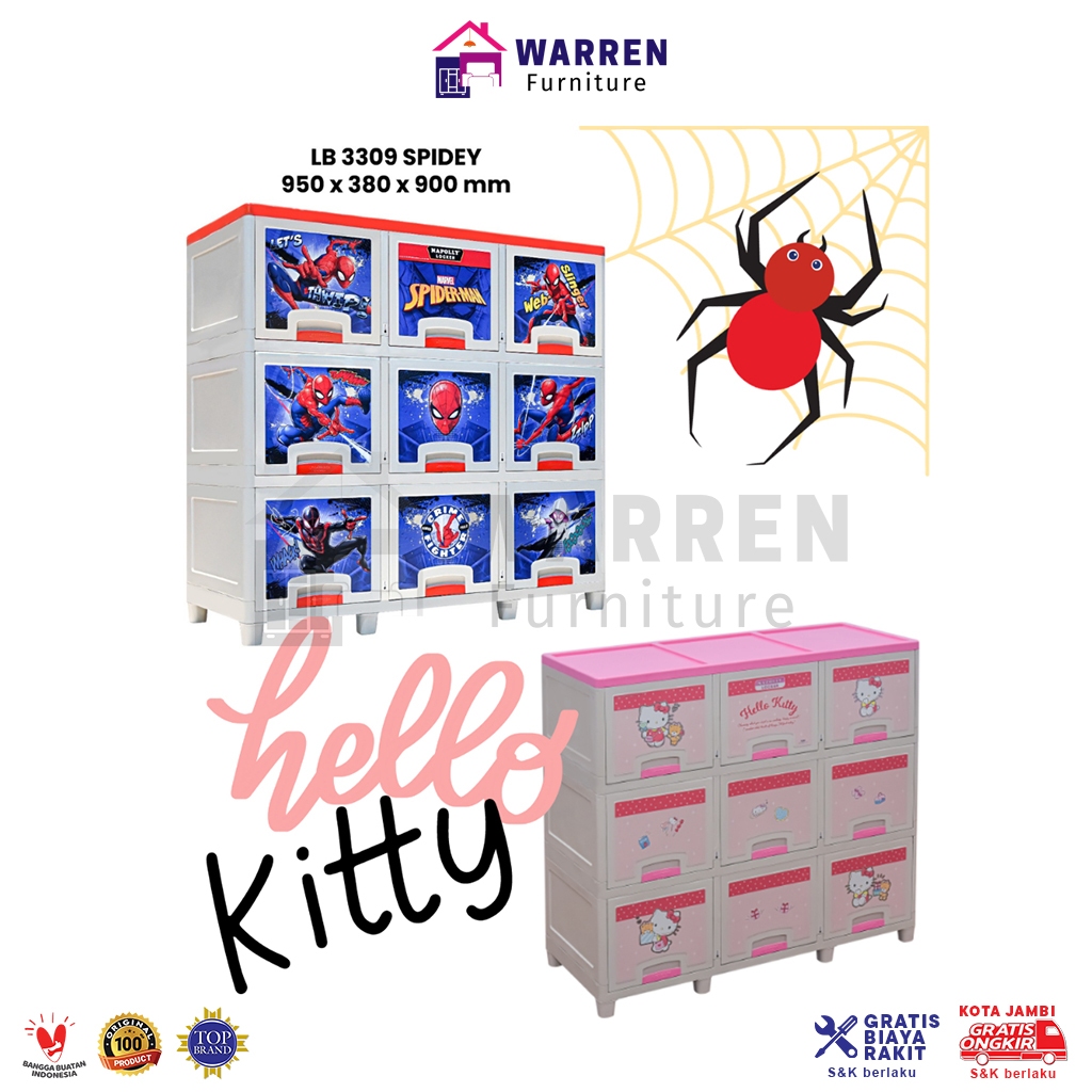 Lemari Plastik Pintu Sliding Napolly Triple 9 Pintu Susun 3 Locker Box Hello Kitty / Spiderman