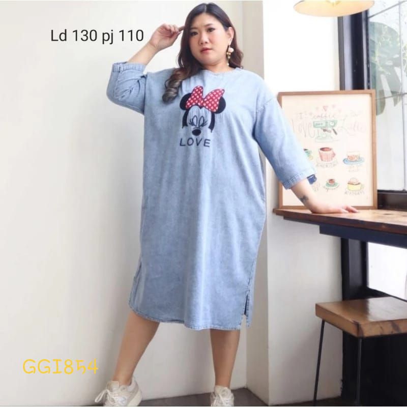 GGI584 Dress Wanita Jeans Denim Bordir Minnie tengah jumbo LD130 pj110 lengan 3/5
