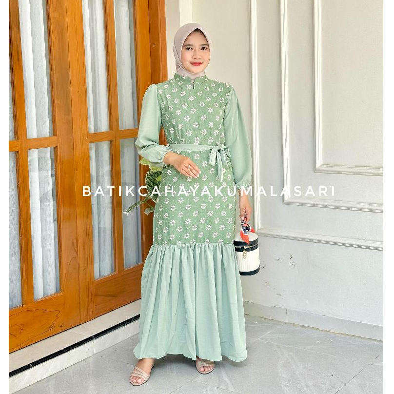 Gamis Muslim Wanita Batik Kombinasi Crinckle Airflow Hijau Sage - Atasan Dress Muslim Wanita Kekinia