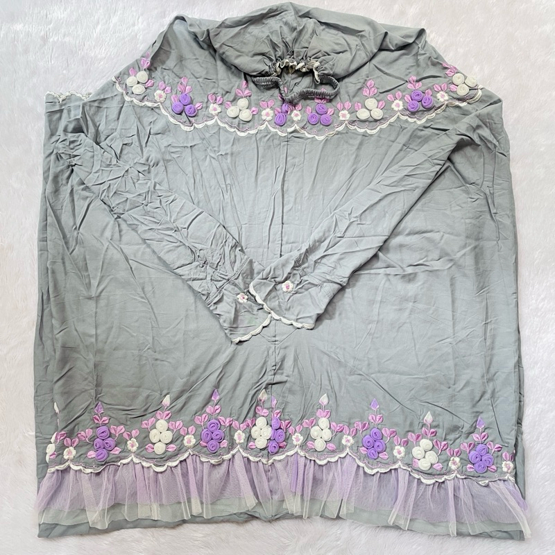 MUKENA BORDIR TILE PREMIUM TERUSAN LAJURAN cantik DEWASA JUMBO abu