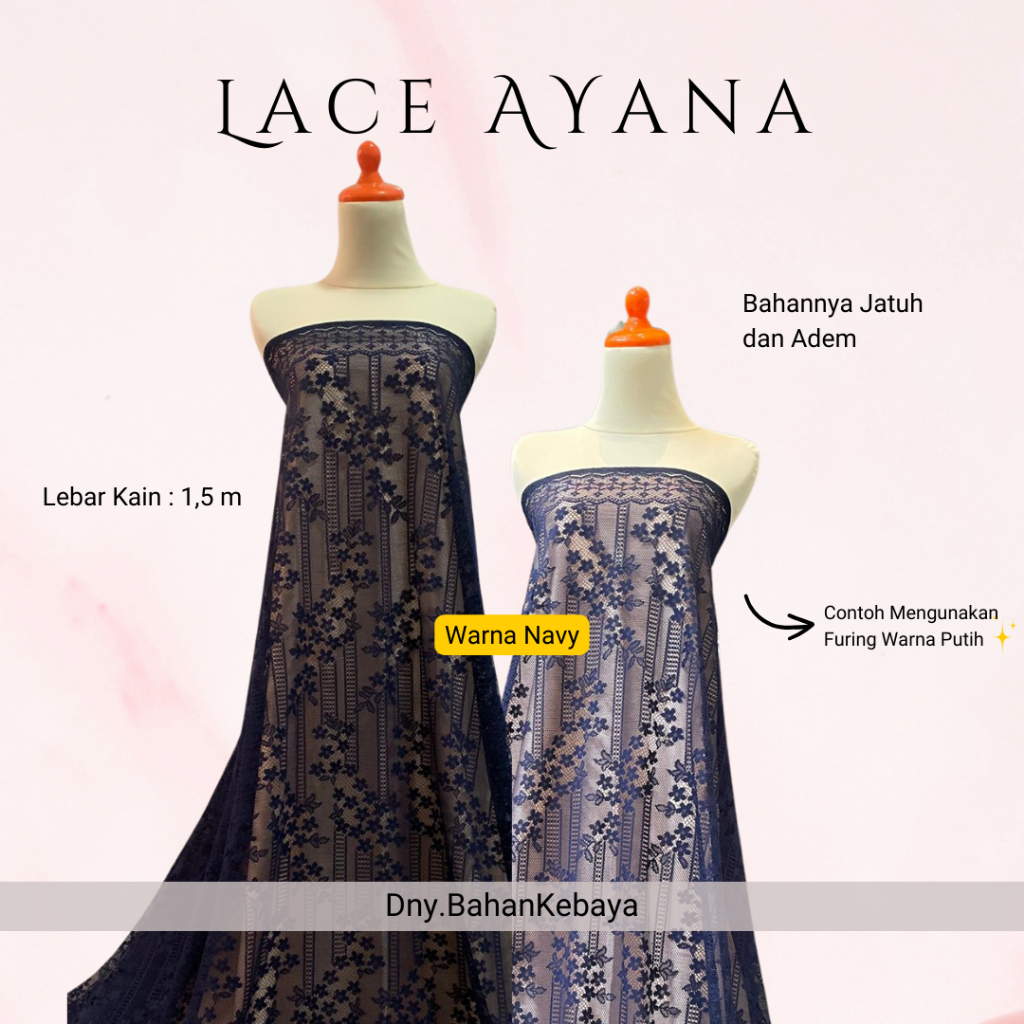 Kain Brokat Brukat Gamis Lebaran Keluarga Lace Halus Renda Motif Bunga Kecil Ayana Warna Biru Navy