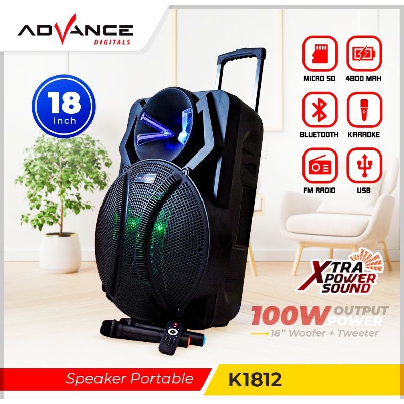 Advance speaker portabel bluetooth k1212 k1512 k1812 18 inch meeting karaoke roda super bass murah b