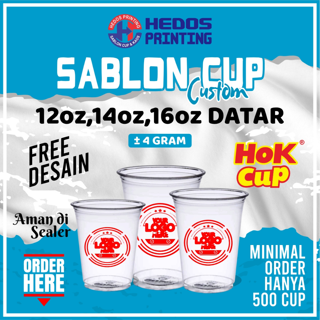 Cup Sablon 12oz, 14oz, 16oz Desain Custom Merk Hok Model Datar