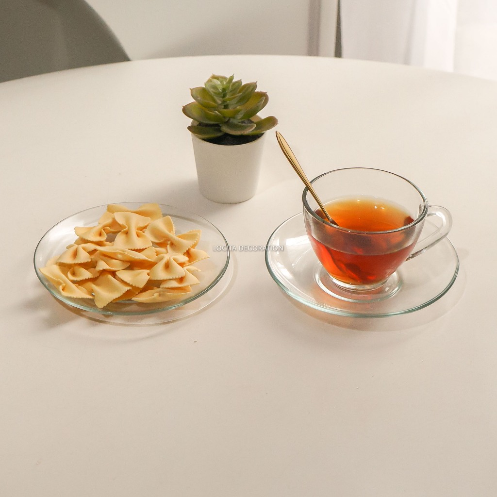 Tableware Kaca Bening Vintage Aesthetic/Set Piring Cangkir Bening/Mug Gelas Minum Teh Kopi Susu Klas