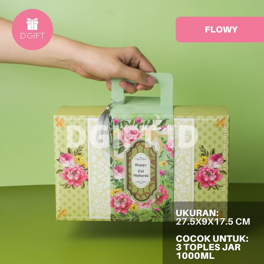 

Flowy-Box Kue Kering Lebaran Dus Kotak Hampers Idul Fitri muat 3 Jar 1000ml