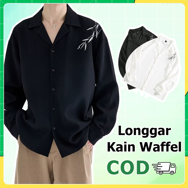 Kemeja Fleece Pria kemeja v neck pria HitamPutih fashion korean style kemeja cowok kemeja hitam pria