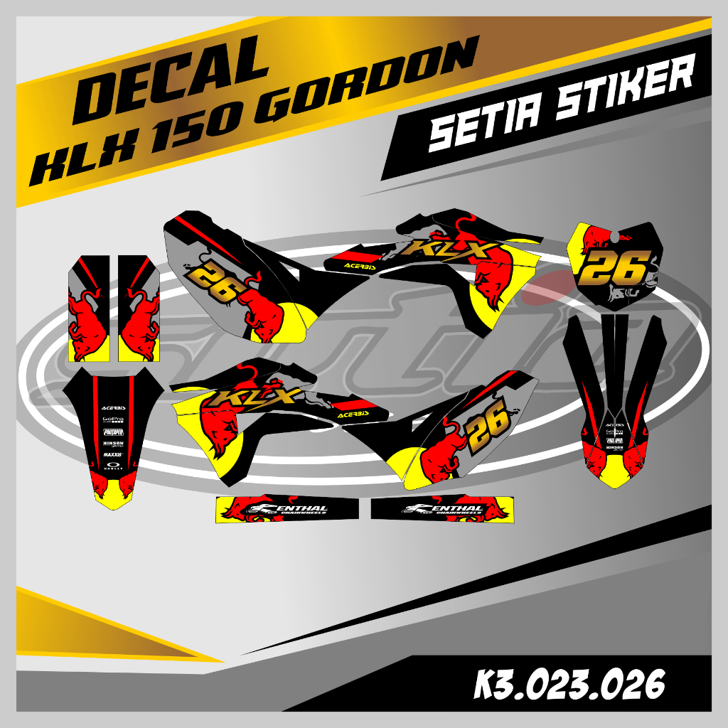 DECAL KLX GORDON, WARNA KUNING ABU-ABU REDBUL, STIKER SUPERMOTO TRAIL, DESAIN BEBAS CUSTOM BARU (K3.
